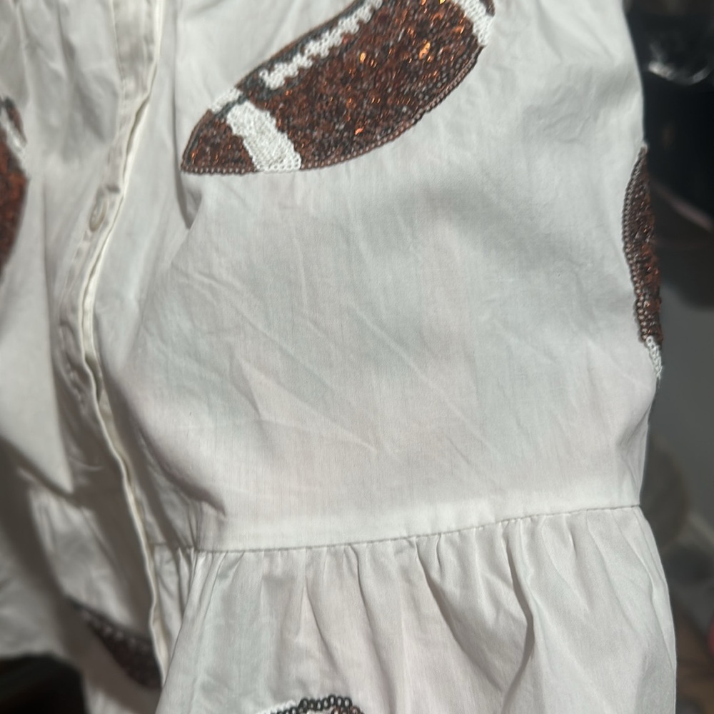 Peach Love Poplin Button Down Tiered Dress with Sequin Footballs - Picture 5 of 5